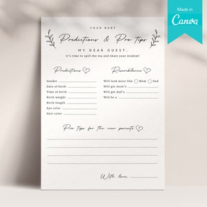 Tarjeta de juego de predicciones para bebés 5x7 / Plantilla Canva del juego Boho Baby Shower / Tarjeta minimalista de consejos y deseos para futuros padres / Tarjeta de consejos para bebés