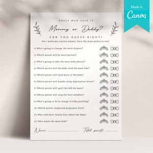Tarjeta de juego 5x7 Baby Mommy o Daddy / Boho Baby Shower Game Canva Template / Minimalista Adivina quién lo dijo tarjeta de juego para que los padres sean