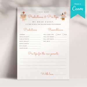 Tarjeta de juego de predicciones para bebés 5x7 / Plantilla Canva del juego Boho Elephant & Rabbit Baby Shower / Tarjeta minimalista de consejos y deseos para padres