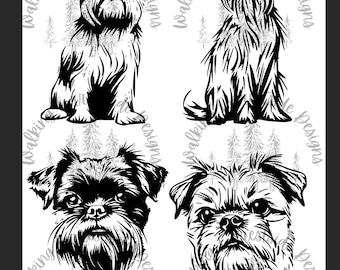 Op de afbeelding: Zwart-wit illustraties van Brussels Griffon honden in verschillende poses. De afbeelding bevat vier verschillende tekeningen van het ras, met de tekst "Walking Fine Designs" en een bosachtergrond.