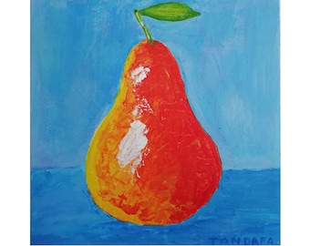 Original acrylic impasto paintings Fruit Art Still Life painting Pear textured painting small artwork 8x8 Pear kitchen decor by Tandafa