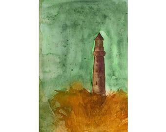 Original Aquarell Fantasy Landschaft Meereslandschaft Leuchtturm Ozean Dekoration Aquarell Gemälde von Tandafa