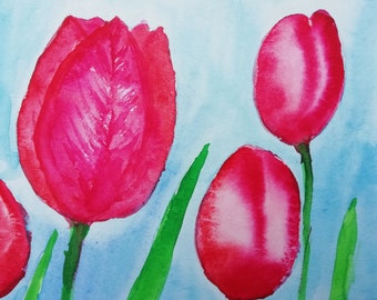 Acuarela Tulipanes Pintura Original tulipán arte Floral Pintura Bodegón Acuarela flores tulipanes rojos Flores Ramo imagen No es una impresión