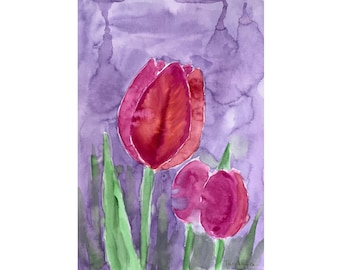 Tulips Original Watercolor Painting Purple tulip art Floral Painting Still Life Watercolour Red Flowers Bouquet picture Not a print Tandafa