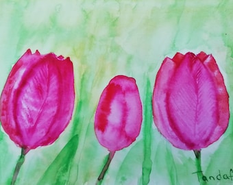 Acuarela Tulipanes Pintura Original tulipán arte Floral Pintura Naturaleza muerta Acuarela tulipanes rojos Flores Ramo imagen Tandafa No es una impresión