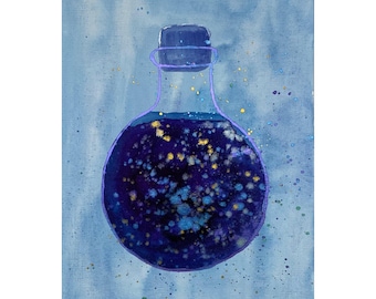 Przywróć magiczny eliksir Oryginalna sztuka akwarelowa Zapasy czarownic Malarstwo czarownic Ilustracja do gry Ukryte umiejętności Zaklęcie Skyrim Sztuka alchemii