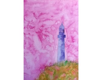 Original Fantasy Aquarell Leuchtturm malen rosa Landschaft Kunst Meer Meer Szene Ozean Dekoration Aquarell Malerei Kein Druck Tandafa