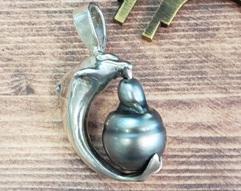 Dolphin South sea pearl pendant sterling silver handcrafted