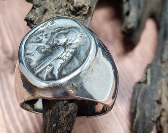 Genuine Athens Drachm owl, circa 200 BC, sterling silver unisex ring size 7