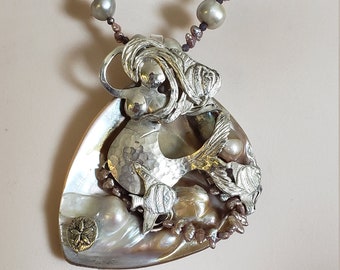 Handcrafted Mermaid necklace, sterling silver ,mother of pearl and freshwater pearl