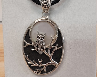 Owl moon pendant with Lava and Mother of pearl shell, sterling silver handcrafted