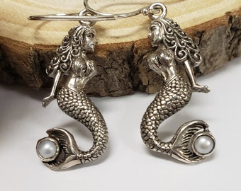 Mermaid earrings with freshwater pearls sterling silver