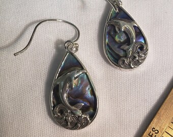 Dolphin abalone earrings sterling silver handcrafted, dangle