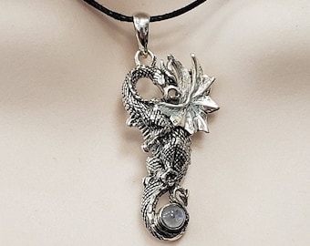 Dragon pendant with moonstone, sterling silver handcrafted
