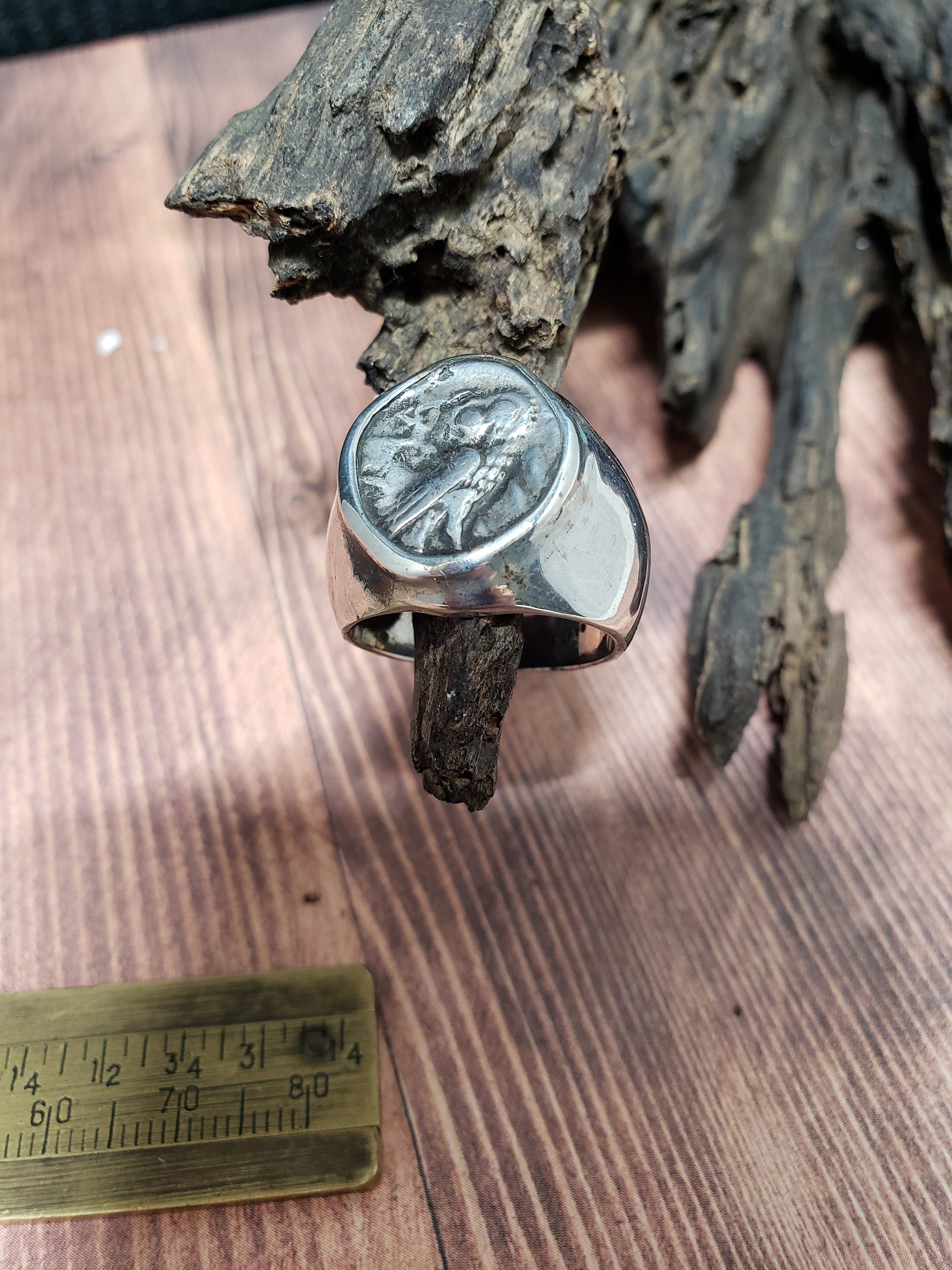 Genuine Athens Drachm owl, circa 200 BC, sterling silver unisex ring size 7