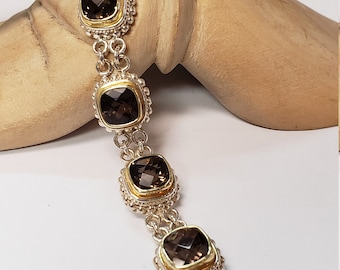 Smokey quartz , sterling silver 18k gold vermeil bracelet adjustable