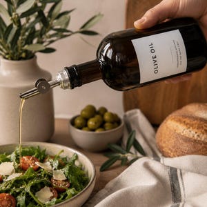 May include: A dark glass olive oil bottle with a white label that reads "OLIVE OIL" is pouring oil onto a salad with tomatoes and cheese. The bottle has a metal spout. Olives and bread are also in the image.