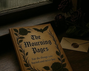 Könnte beinhalten: Ein Buch mit dem Titel "The Mourning Pages" mit einem Fledermaus- und Rosenmotiv. Das Buch liegt auf einer Holzoberfläche neben getrockneten Rosen und einem Umschlag. Der Text auf dem Buch lautet: "Für die Dinge, die du begraben und nie verloren hast."