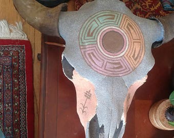 Hand painted - vintage Indian sand art on Buffalo skull