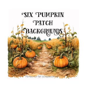 Puede incluir: Seis fondos digitales con una ilustración de acuarela de un campo de calabazas con un camino de tierra que atraviesa el campo. El camino está bordeado de calabazas y altos tallos de trigo. El texto "Six Pumpkin Patch Backgrounds" está en la parte superior de la imagen.
