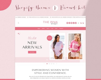 Tema de Shopify, tema de Shopify para boutique rosa con kit de marca, tema de Shopify de moda, plantilla de Shopify rosa, banners de Canva, sitio web de Shopify