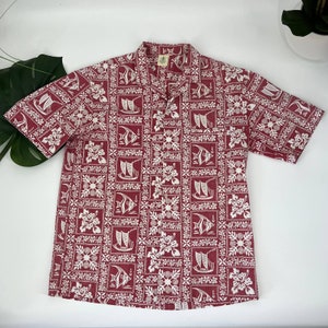 Vintage 1990&#39;s Royal Creations Hawaii Hawaiian Aloha Shirt Red/Ivory Tropical Fish, Flowers