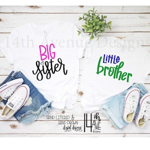 Große Schwester kleine Bruder SVG, geschnitten E-Hand beschriftet, große Schwester SVG, kleiner Bruder SVG, Png, Dxf, Svg, ClipArt, Cricut, Big Sis Lil Bro