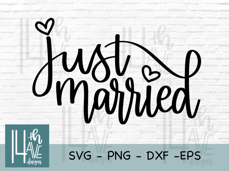 May include: Black and white calligraphy text that reads "Just married" with two small hearts above the text. The text is on a white brick background.