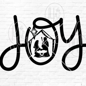 May include: Black and white silhouette design of the word "Joy" with a circle containing a nativity scene inside the "O".