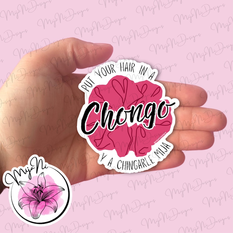 Pode incluir: Dois adesivos, um com um rabo de cavalo rosa e o texto "Ponha o cabelo em um Chongo y a chingarle mija" e o outro com uma flor rosa e o texto "Mija Mi".