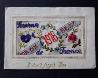 Hand Embroidered WW1 Silk Embroidered Postcard Unused Antique 1914-1918 Forget Me Not Postcard For Loved One Small Greetings Card