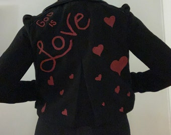 Black Peacoat- Cropped Style, God is Love Hand-painted Hearts on the back