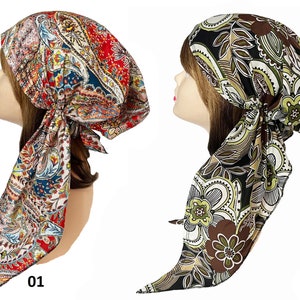 Floral, paisley, polk dots long cotton head scarf. Stylish head wear. Abstract, geometric patterns pre-tied. Cancer, chemo hair loss cover.