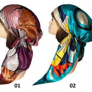Soft silky pre-tied head scarf. Luxuriously, artistic, glossy, dynamic prints. Tichel head covering. Alopecia. Head covers cancer patients.