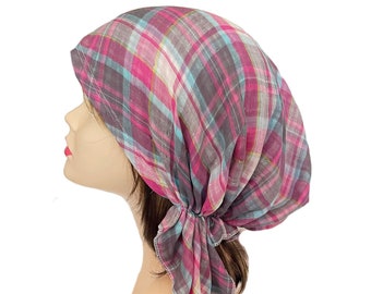 XL Plaid 100% cotton head scarf head wear bandana pre-tied chemo cap doctors nurses