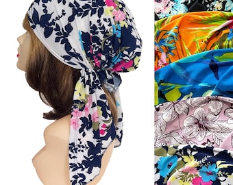 Pre-tied head wrap, stretch floral, hair cover, bandana, flowers tichel, chemo cap, nurses doctors slip-on