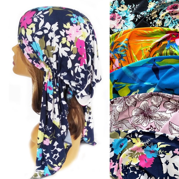 Pre-tied head wrap, stretch floral, hair cover, bandana,  tichel, chemo cap, nurses doctors slip-on