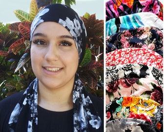 Soft pre-tied floral head scarf - Stretchy, comfortable, stylish head wear. Nurse head wear | Chemo hair cover | Tichel