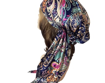 Soft luxurious silky pre-tied hair scarf head wear cap stylish paisley head wrap for women Chemo cancer patients hair loss headscarf