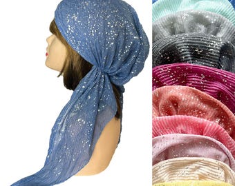 Silver foil gauze pre-tied head wrap hair cover chemo cap headwear bandana slip on headscarf