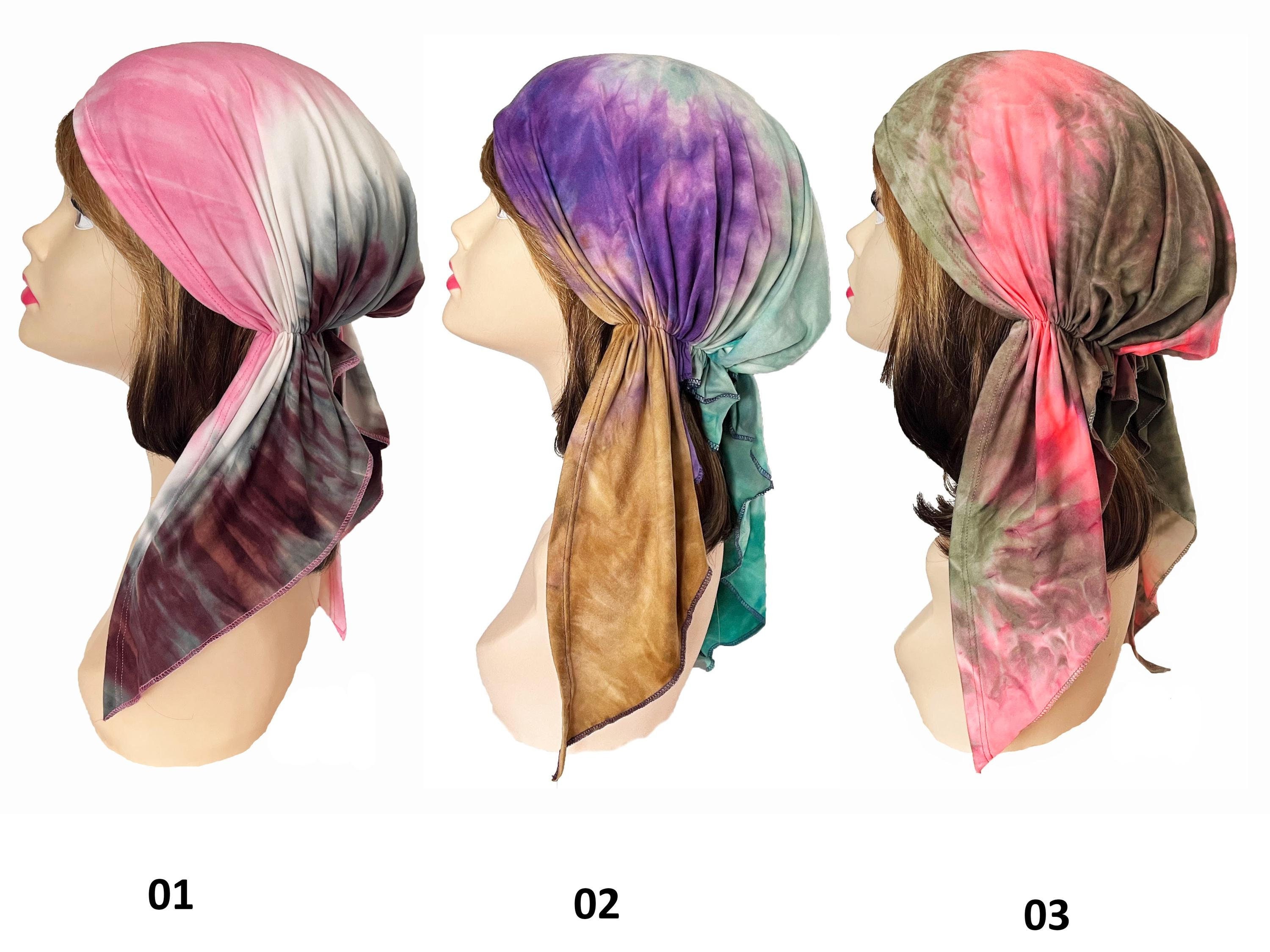Ultra soft tie-dye pretied head scarf. Chemo head cover scarf. Vibrant colors. Tichel hair cover. Chemo headscarves cover nurses Cap