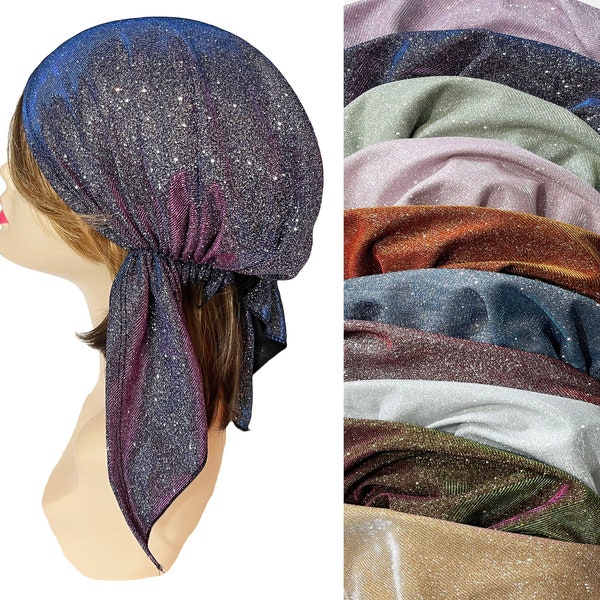 Iridescent stretch pre-tied head scarf hair accessories. Shimmering deep starry night sky to dusky twilight. Alopecia. Cancer head scarf.