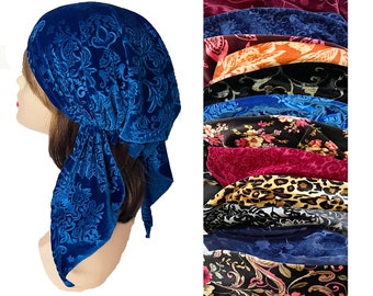 Velvet pre-tied exquisite soft head scarfs. Fashionable paisley, animal print and more. Head cover for cancer patients. Tichel head covering