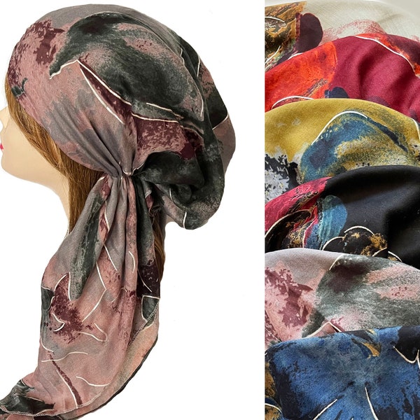 Long floral gauze pre-tied head wrap hair cover chemo cap headwear bandana slip on headscarf