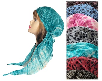Lange tie-dye katoenen lurex, effen hoofddoek. Lichtgewicht, voorgebonden hoofddoek Stijlvolle hoofdbedekking met lange staart. Tichel. Hoofddeksel met tulband.