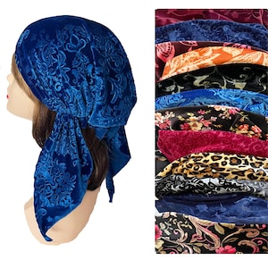 Velvet pre-tied exquisite soft head scarfs. Fashionable paisley, animal print and more. Head cover for cancer patients. Tichel head covering