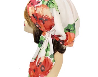 Pre-Tied Chiffon Head Scarf, Floral Hair Cover, Chemo Cap