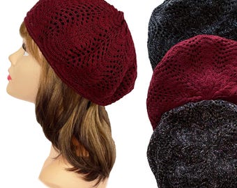 Elegant lurex knit beret for woman, light weight and adjustable. Chic fashion accessory for women. Cancer Chemo Patients.