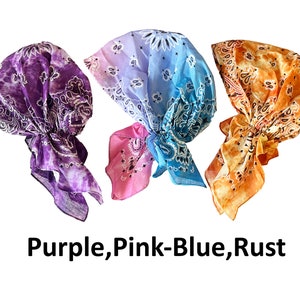 Lot de 3 foulards bandana en coton pré-noué cache-cheveux cachemire en coton bonnet de chimio Purple,PinkBlue,Rust