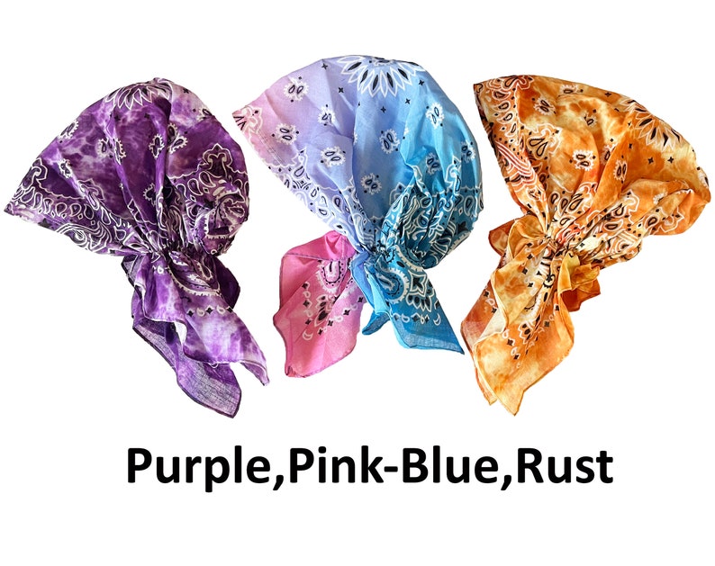 Lot de 3 foulards bandana en coton pré-noué cache-cheveux cachemire en coton bonnet de chimio Purple,PinkBlue,Rust